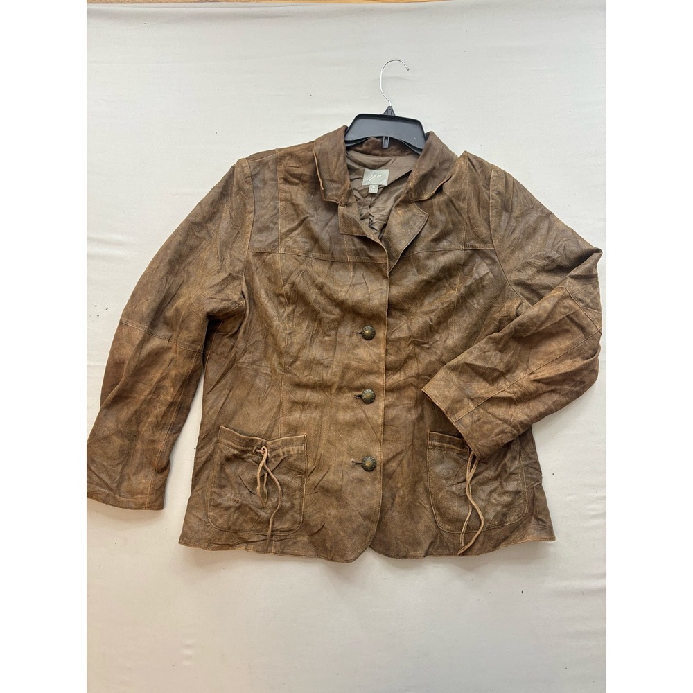 J. Jill Brown Distressed Leather Blazer Jacket XL Three Button Peplum Back